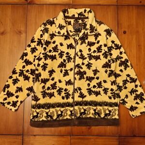 Tsunami Sherpa Full-Zip Jacket‎ Yellow Tan Reindeer Leaf Women's S Oversized VTG